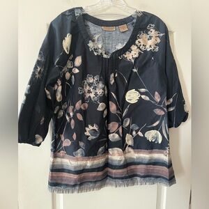Art & Soul Black Floral Women's Cotton Blouse 3/4 Elastic Sleeve Women’s Size M